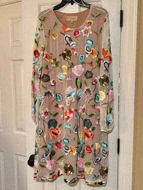 Philosophy Embroidered Appliqued Floral Sheer Long-Sleeve Dress - Size XL